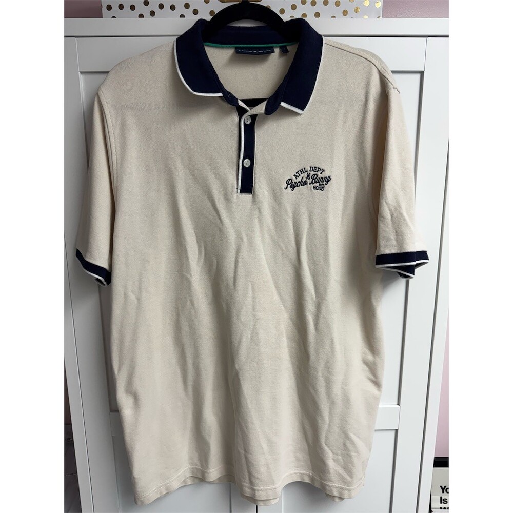 Psycho Bunny Polo Shirt Men's Size XL Ivory Solid Short Sleeve Navy Trim
